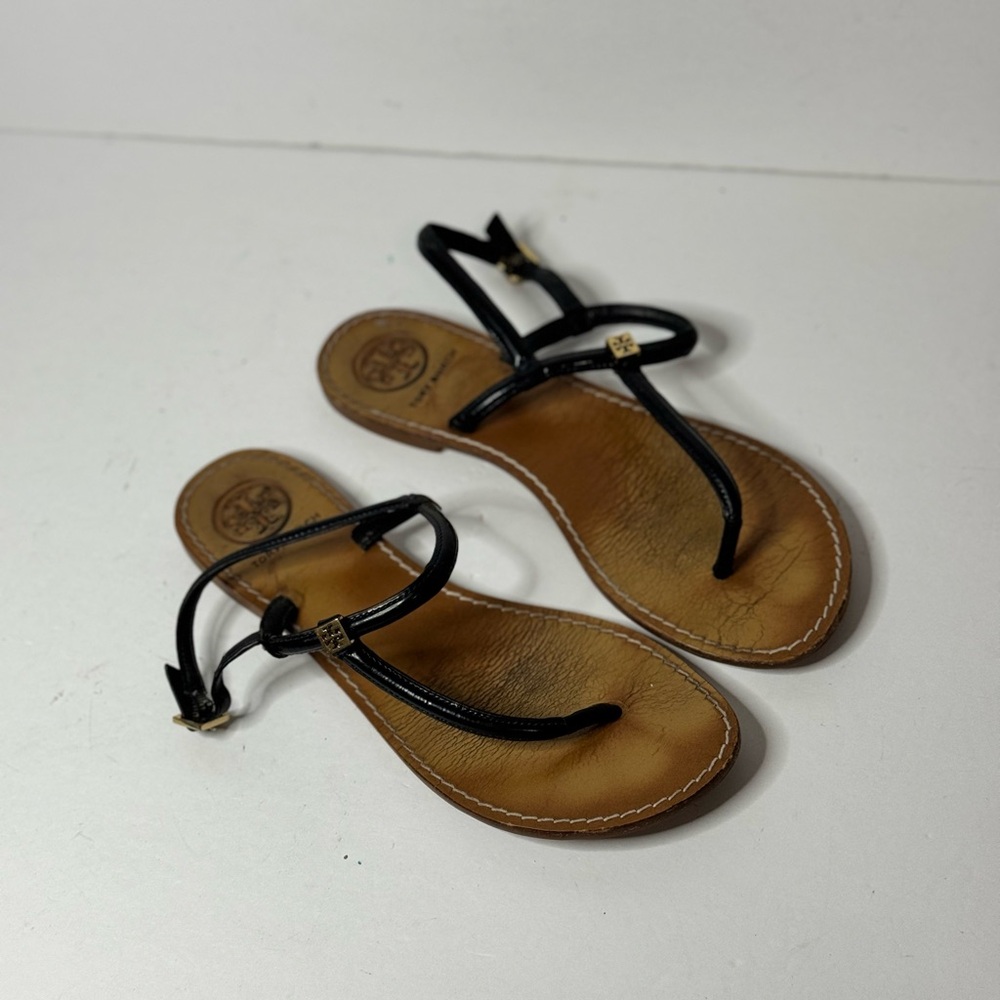 Tory Burch Black Leather Logo T-Strap Thong Sandals Flats